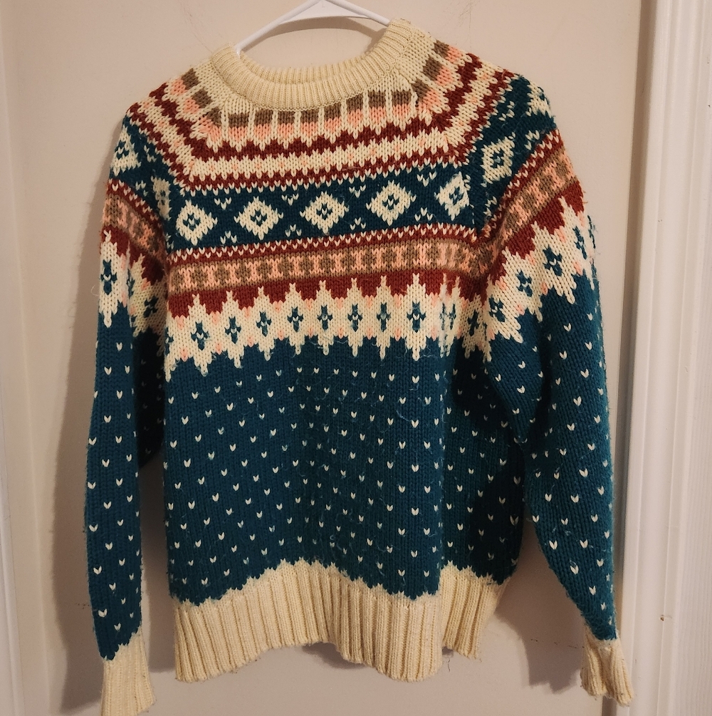 Alexandra Vintage Blue Cream Multicolor Patterned Sweater Large